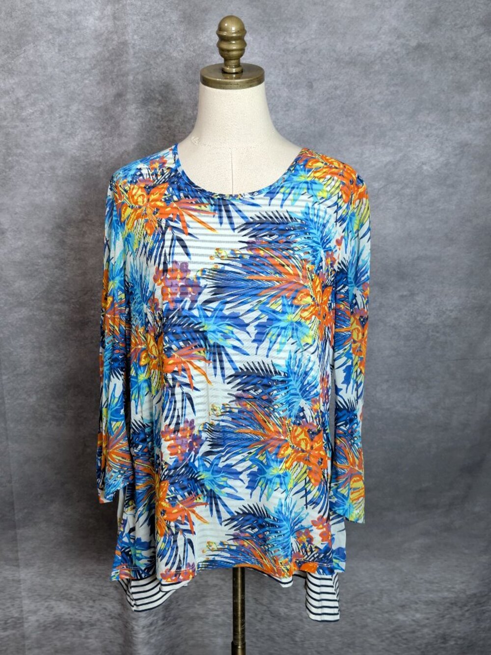 Multiples Tropical Palm Print Sheer Mesh Overlay Tunic Top L Striped Base 3/4 Sl